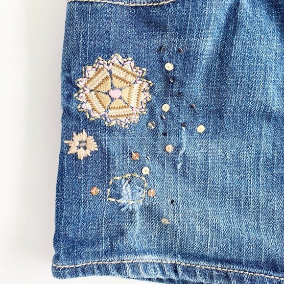 Denim Embroidered Embellished Distressed Skirt 5 - Picture 4 of 8